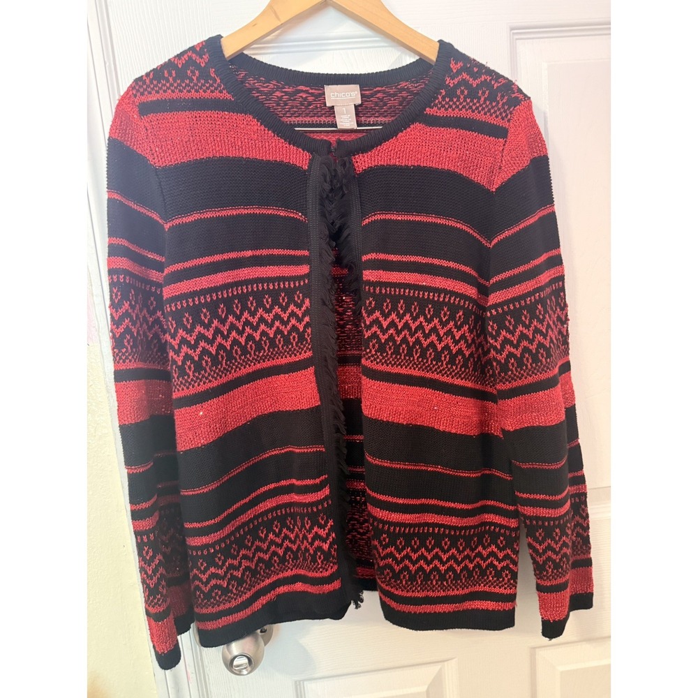 Chico's Size M Cardigan Sweater Black Red Sequins Metallic Fringe Accents